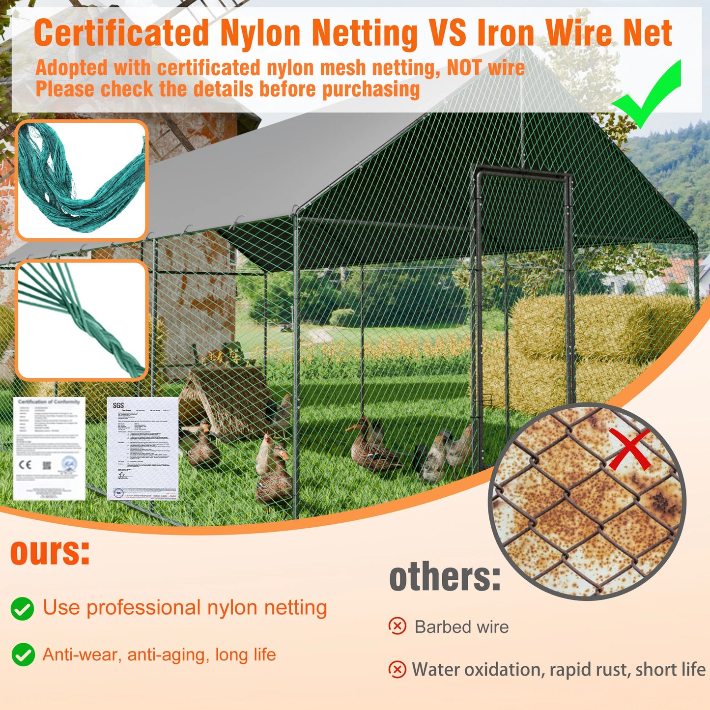 Heavy Duty Metal Chicken Coop w/ Cover and Nylon Netting
