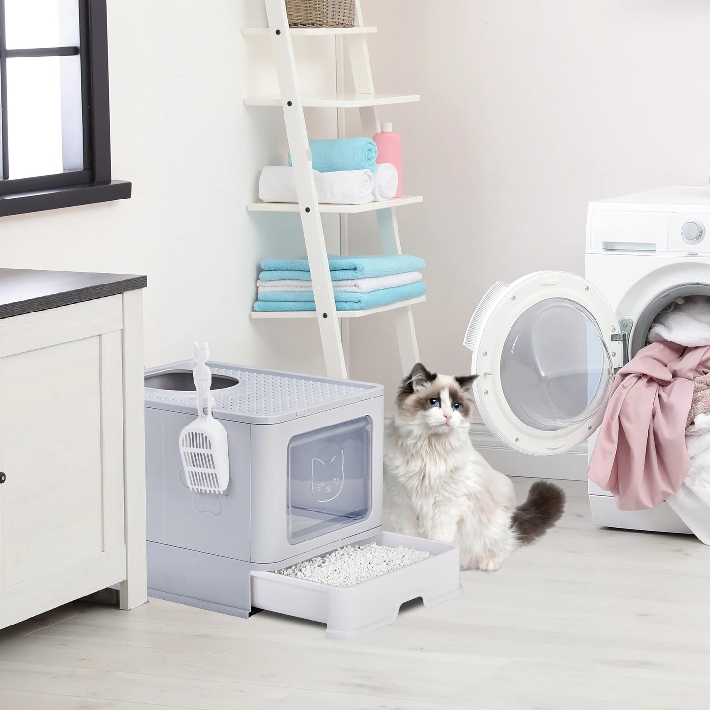 Large Enclosed Cat Litter Box with Lid Cover, Detachable Cat Toilet with Litter Scoop Slide Out Tray Front Entry Top Exit Door