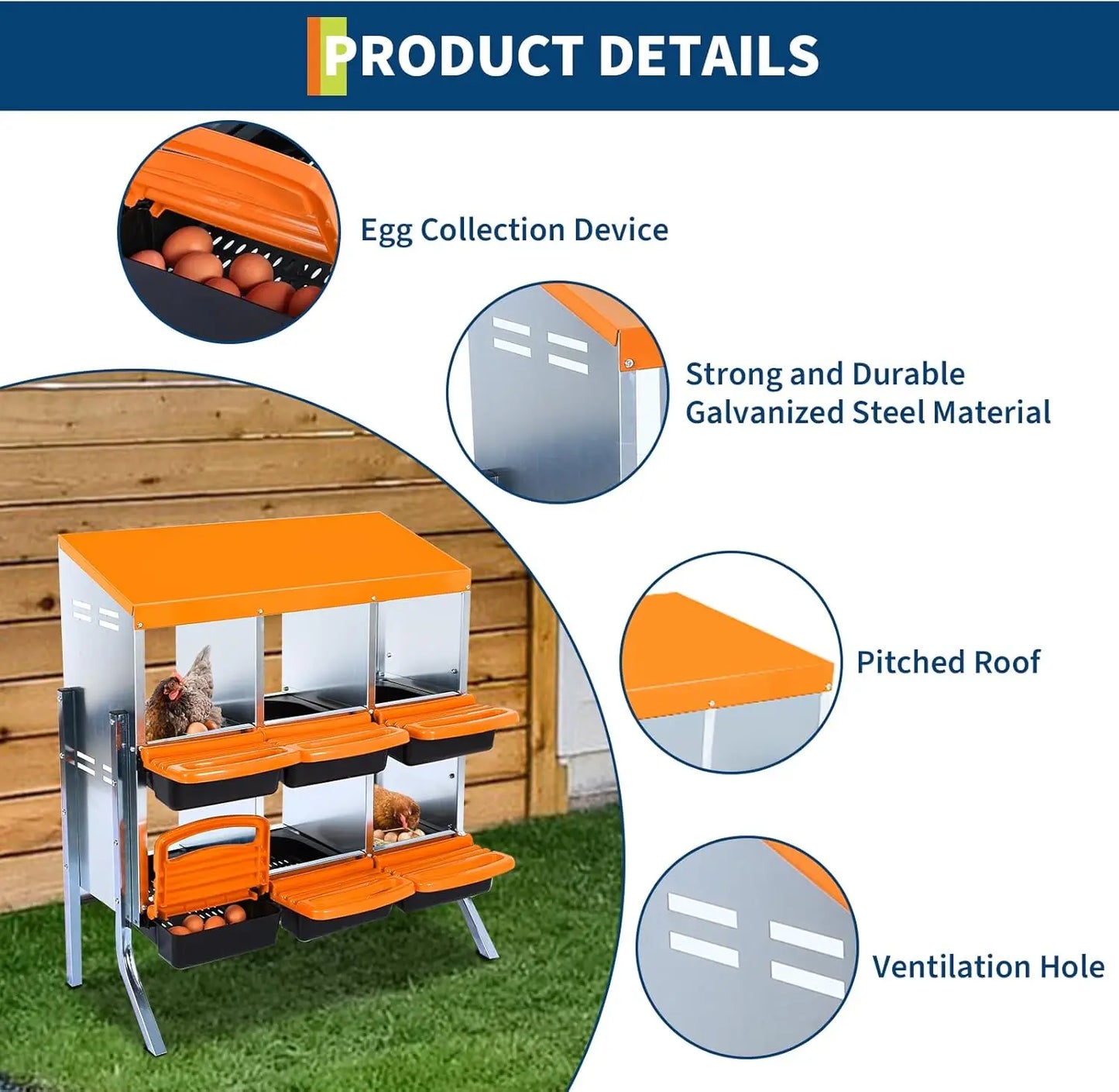 6-Compartment Chicken Nesting Box Automatic Roll-Away Egg Collection System Galvanized Steel Wall Mount or Stand Hen Laying Box
