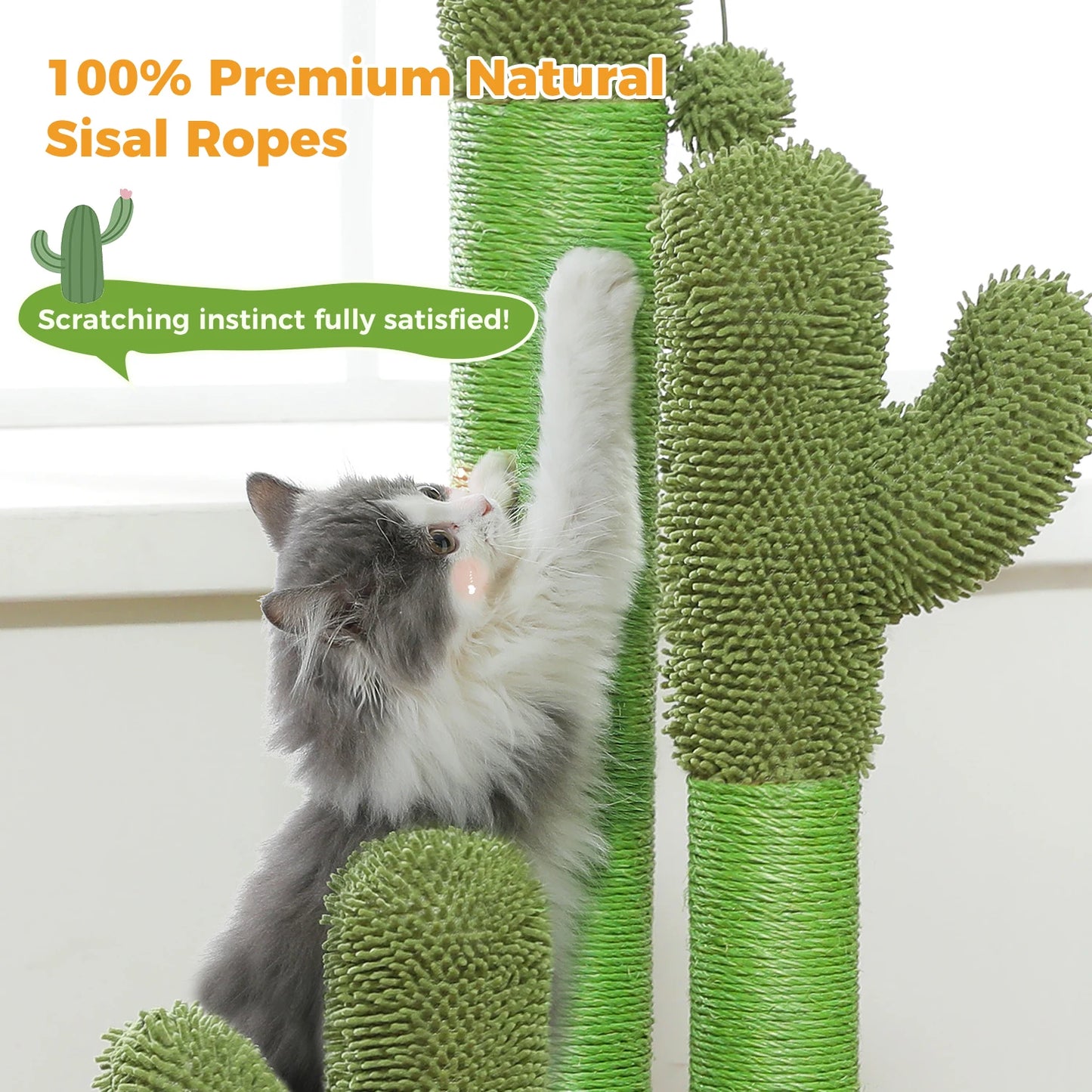 Cactus Cat Scratcher with 3 Sisal Scratching Poles Interactive Dangling Ball Cat Toys