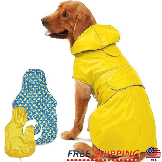 Reversible Waterproof Dog Raincoat Adjustable Slicker Poncho with Leash Hole