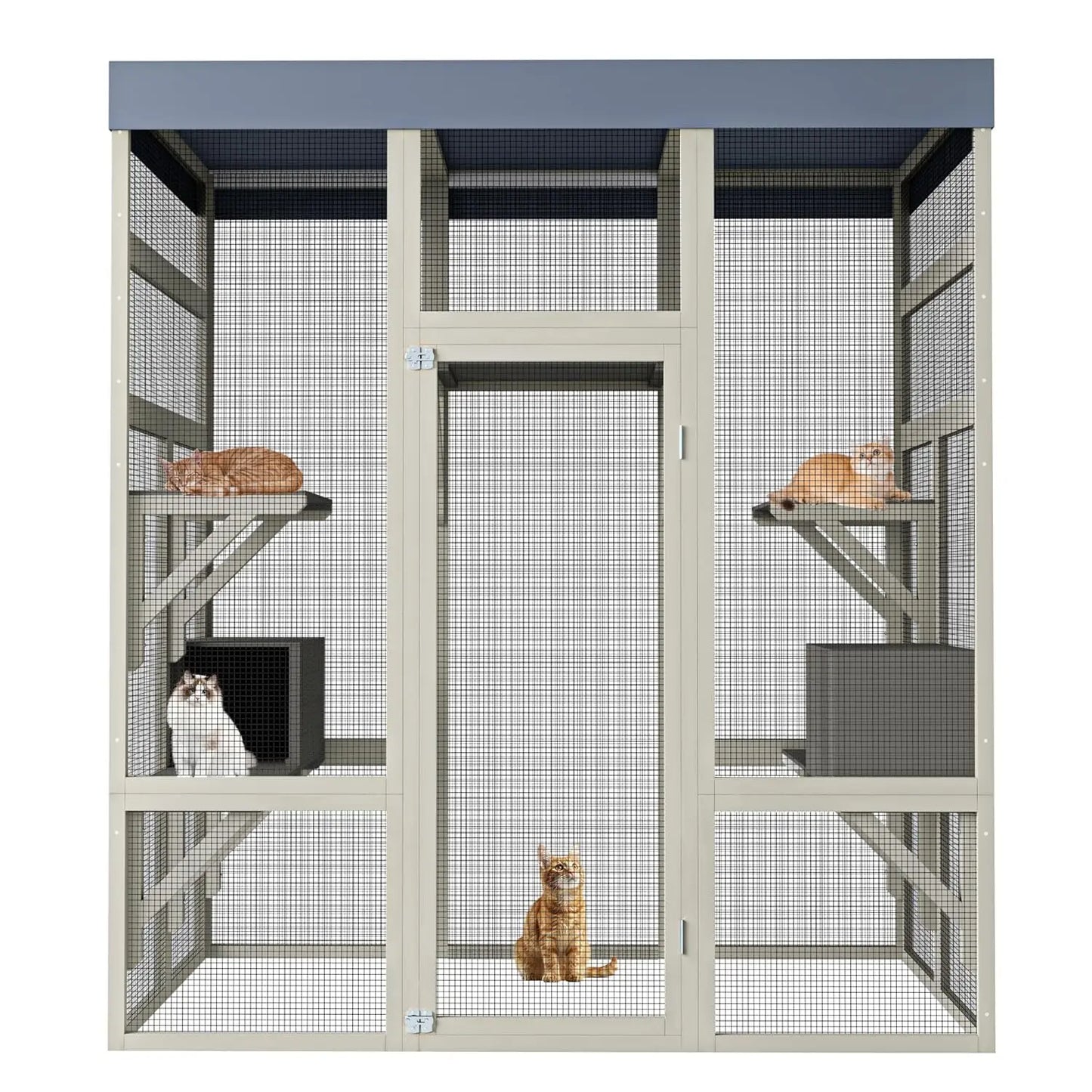 62in Wooden Outdoor Catio Large Cat Enclosure Waterproof Roof 2 Houses Platforms Rust-Proof Wire Cage Patio