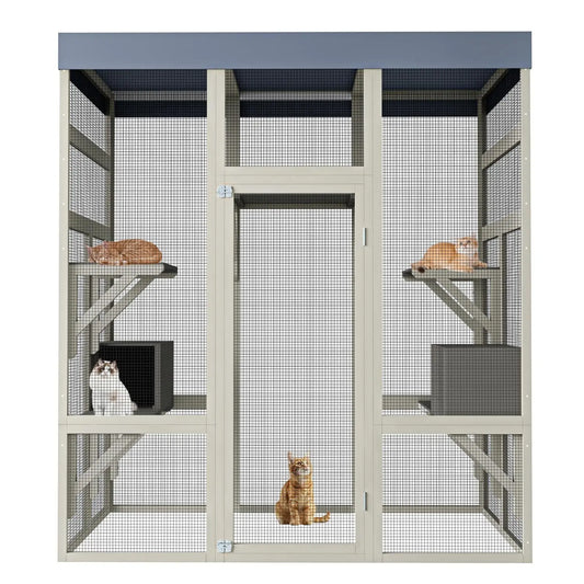 62in Wooden Outdoor Catio Large Cat Enclosure Waterproof Roof 2 Houses Platforms Rust-Proof Wire Cage Patio
