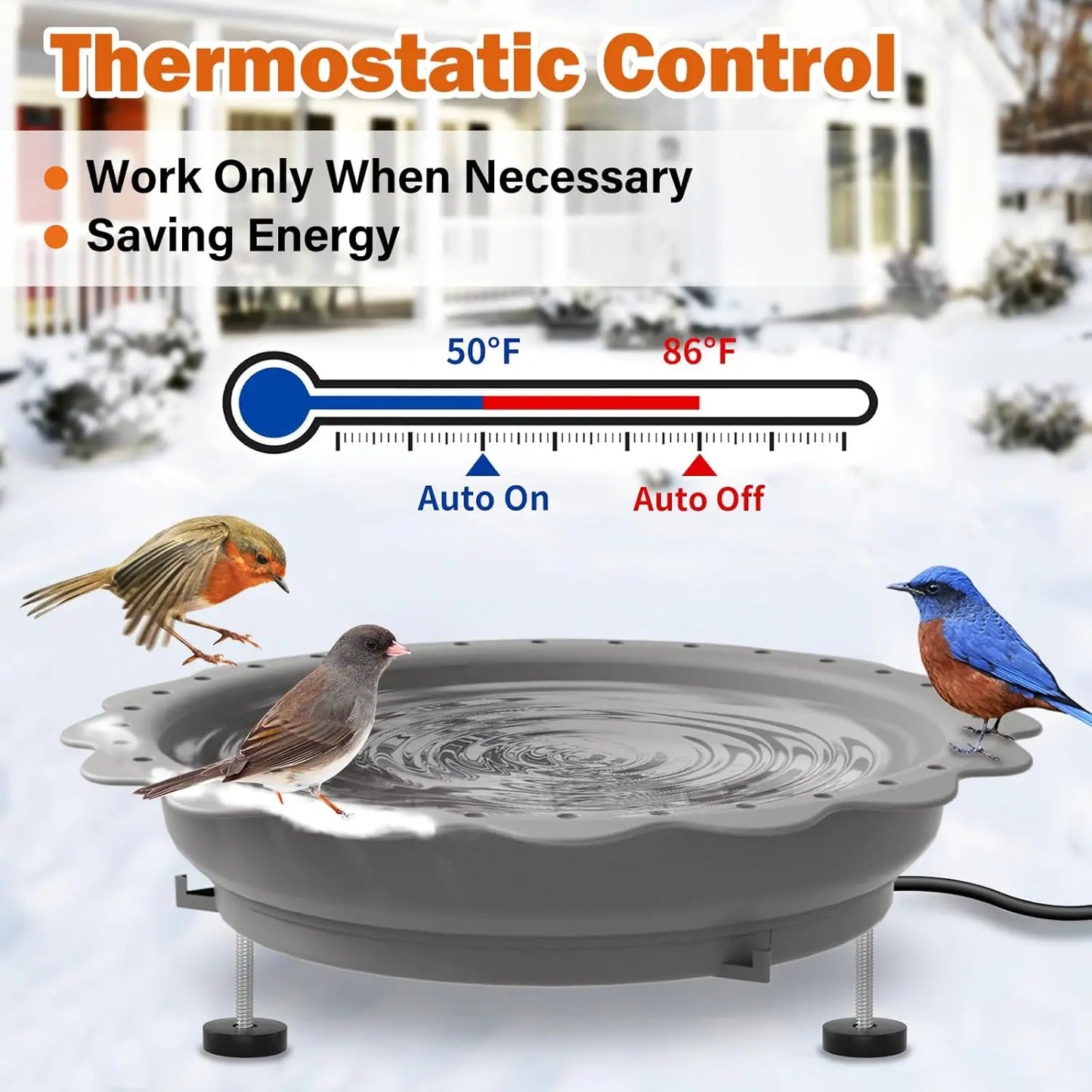 Winter Heated Bird Bath with 100W Thermostat, 3 Metal Screws for Outdoor Garden Patio - Grey