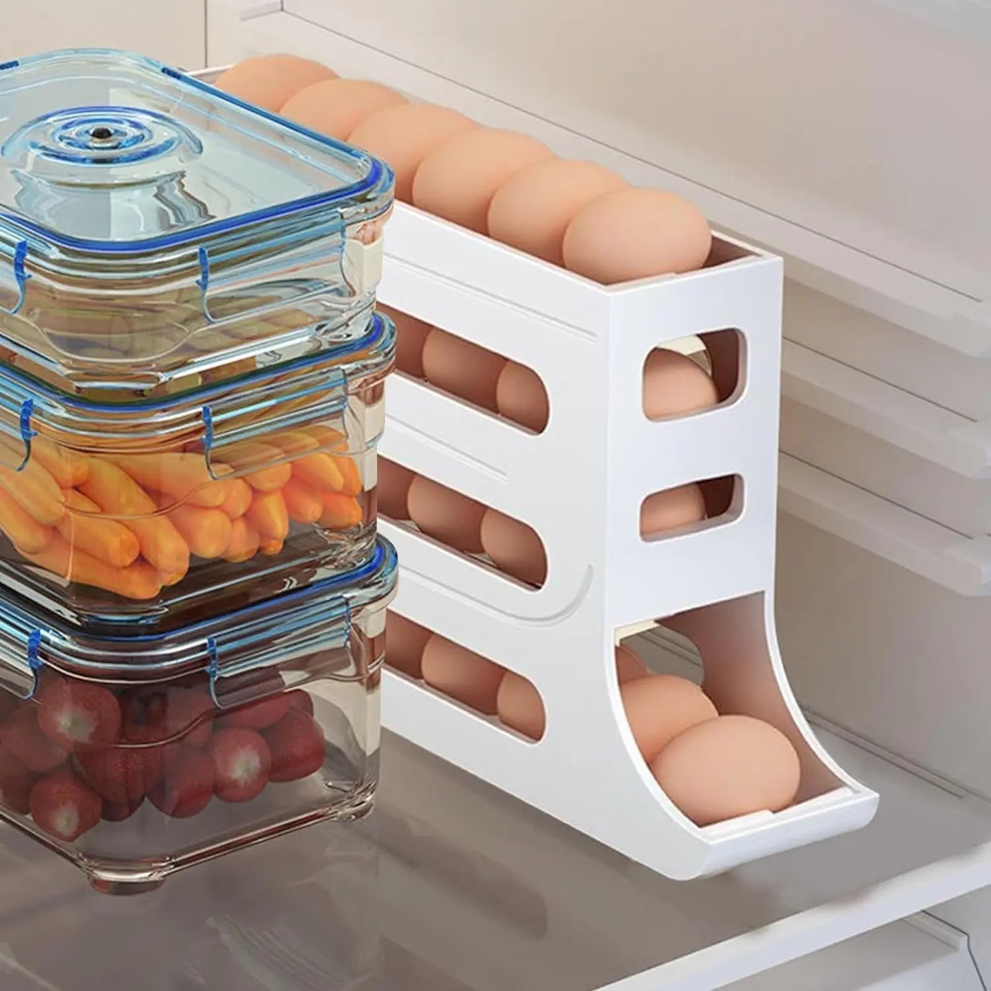 4 Tiers Egg Holder for Fridge， Automatic Egg Rolling Rack,