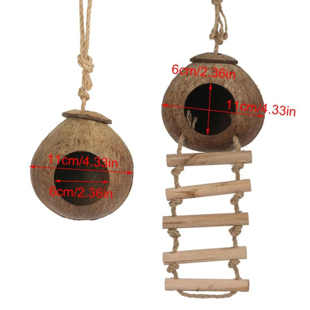 Hanging Coconut Bird House with Ladder, Nest Hut for Parrots & Small Birds