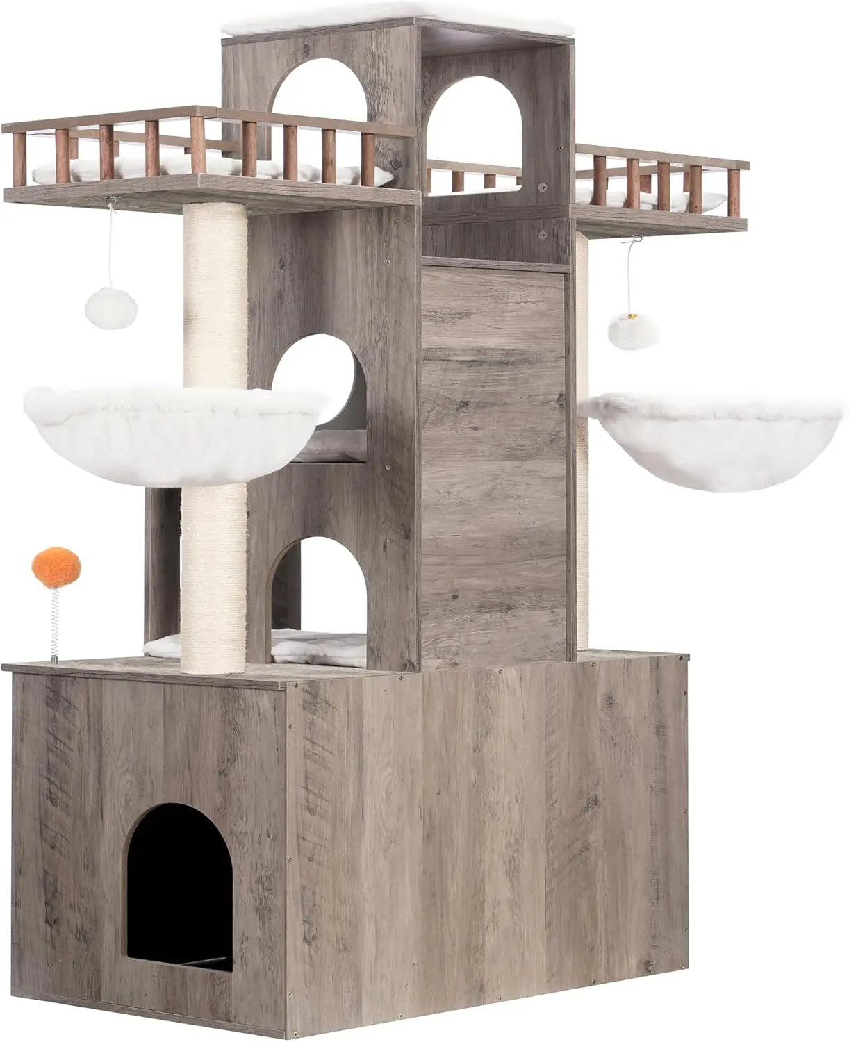 Large Cat Tree with Litter Box Enclosure, Heavy Duty Tower for Indoor Cats up to 20lbs, Modern Furniture with Scratching Posts