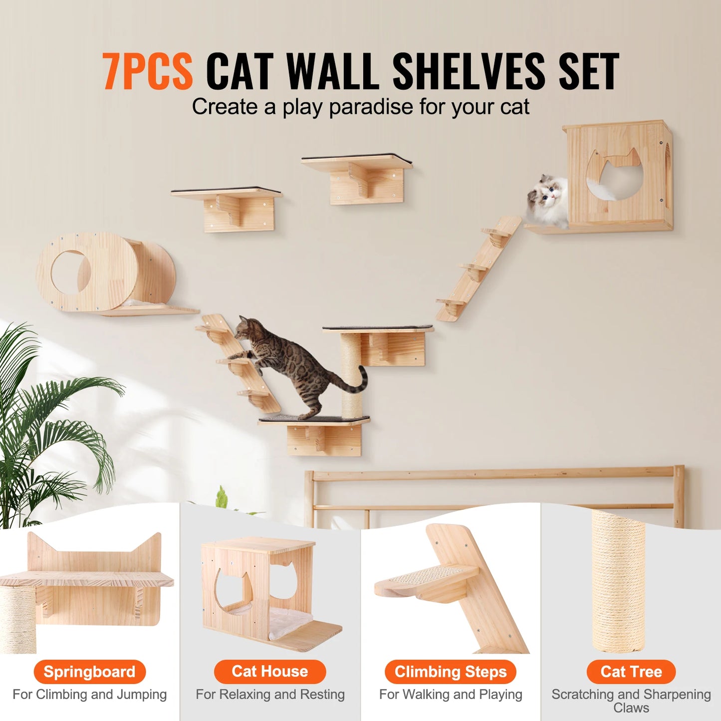 SucceBuy Wall Mounted Cat Shelves Cat Wall Shelves and Perches with Jumping Boards Hammocks & Cat Tree