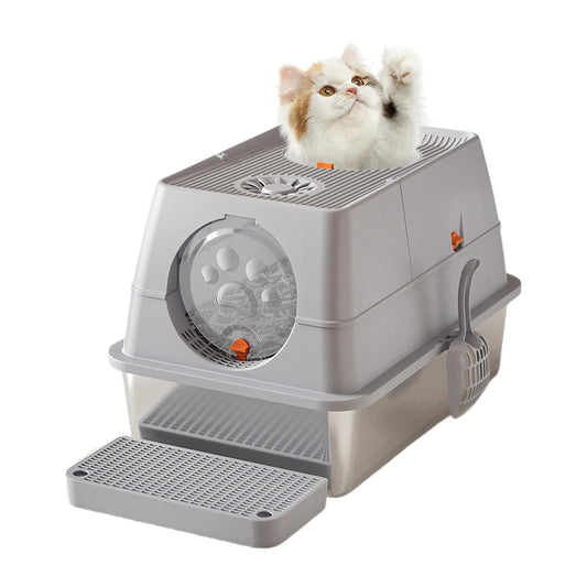 Stainless Steel Cat Litter Box, High Sided Enclosure Cat Toilet With Lid,