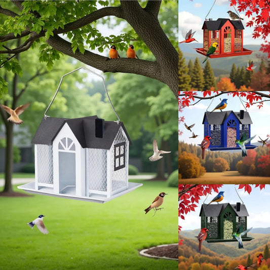Large Birdhouse with Metal Mesh Cover and Seed Tray,  Weather-Resistant Metal Outdoor Garden Courtyard Decoration Bird Feeding Station,