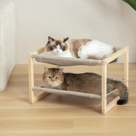 Hammock, Double Layer Wooden Bed for Indoor Cats, 2 Tier Elevated Cat Bed