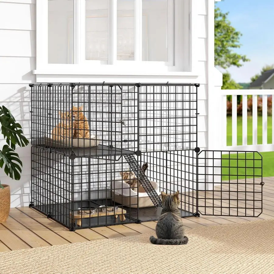 Cat Enclosure for Kittens, 2Tier Pet Cage for Small Animals, Kitty Playpen House for Indoor Outdoor Black