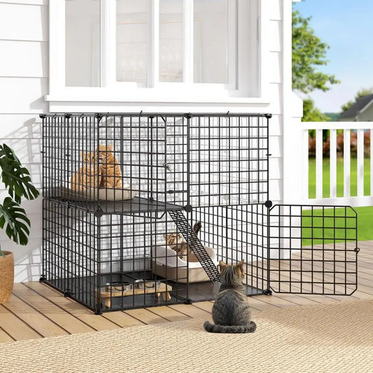 Cat Enclosure for Kittens, 2Tier Pet Cage for Small Animals, Kitty Playpen House for Indoor Outdoor Black