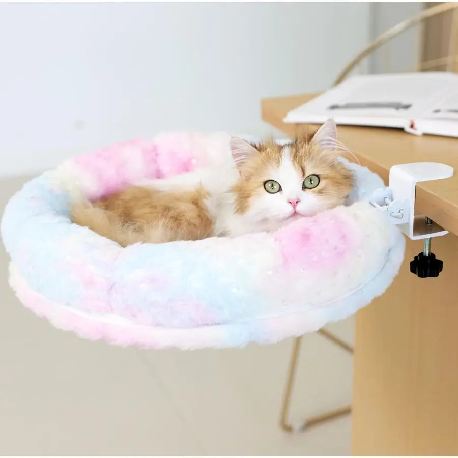 Desk Bed, Cat Perch for Home Office, 360Rotating amp Adjustable Shelf, Removable Comfortable Soft Pet Nest Bed,